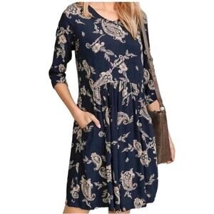 NEW Garnet Hill Navy Boho Paisley Print Pocket Quarter Sleeve Dress Plus Size 18